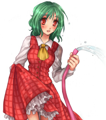 yu (lovepayon), kazami yuuka, touhou, lowres, 1girl, ascot, clothes lift, female focus, green hair, hose, plaid clothes, plaid skirt, plaid vest, red eyes, short hair, skirt, skirt hold, skirt lift, skirt set, solo, vest, white background
