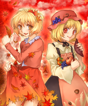 yu (lovepayon), aki minoriko, aki shizuha, touhou, lowres, 2girls, female focus, hair ornament, leaf, leaf hair ornament, multiple girls, siblings, sisters
