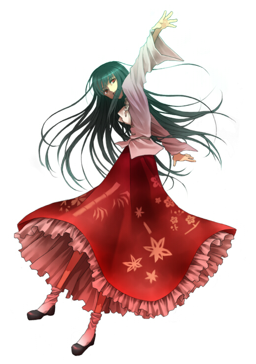 yu (lovepayon), houraisan kaguya, touhou, 1girl, blouse, female focus, full body, green hair, long hair, long skirt, long sleeves, outstretched arms, red eyes, red skirt, shirt, simple background, skirt, solo, very long hair, white background