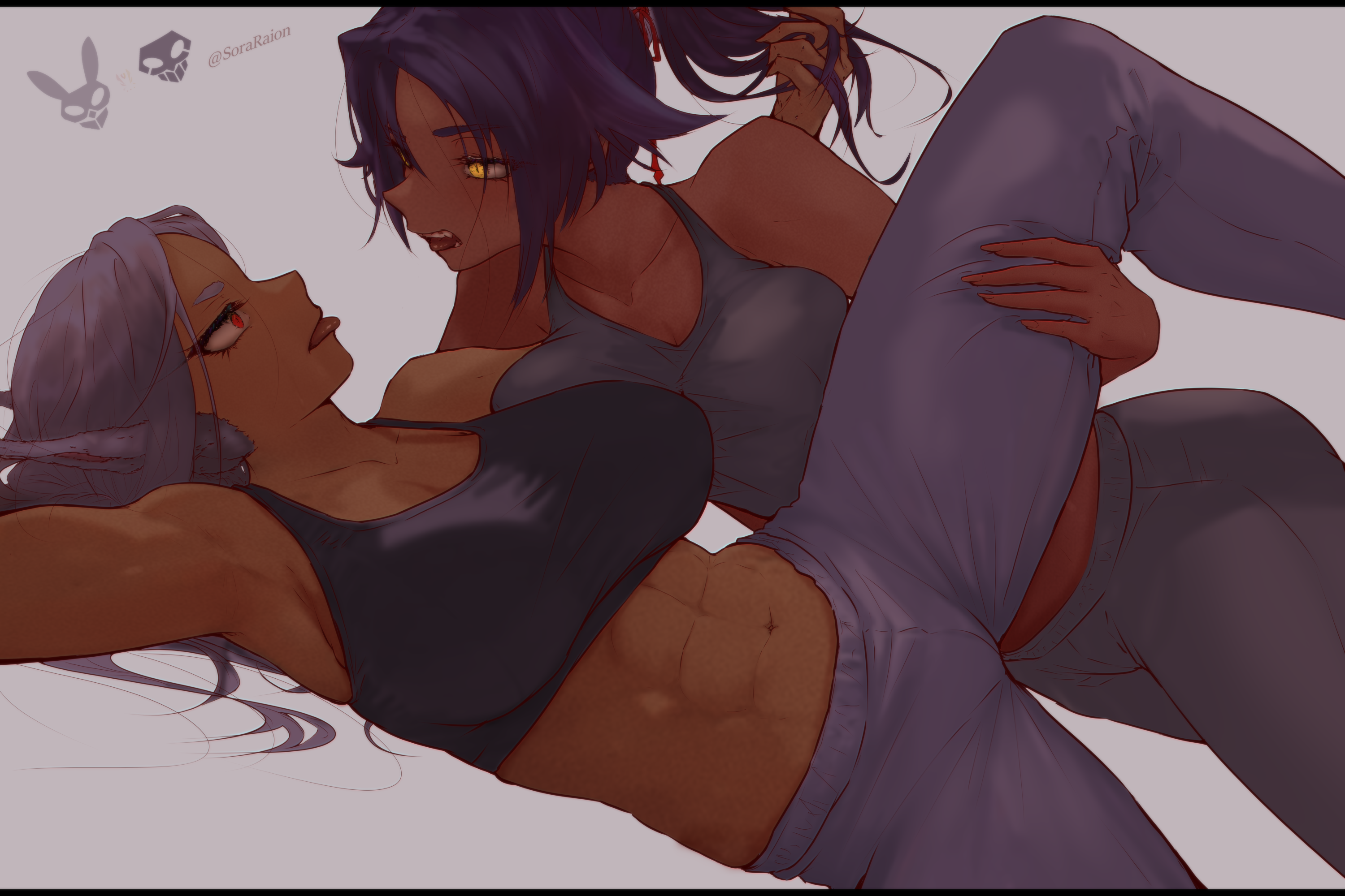 sora raion, mirko, shihouin yoruichi, bleach, boku no hero academia, commentary, english commentary, 2girls, abs, bare shoulders, breasts, collarbone, crop top, crossover, dark-skinned female, dark skin, hair ornament, large breasts, leggings, long hair, multiple girls, pants, parted bangs, ponytail, purple hair, rabbit ears, stretching, toned, toned female, white hair, yellow eyes