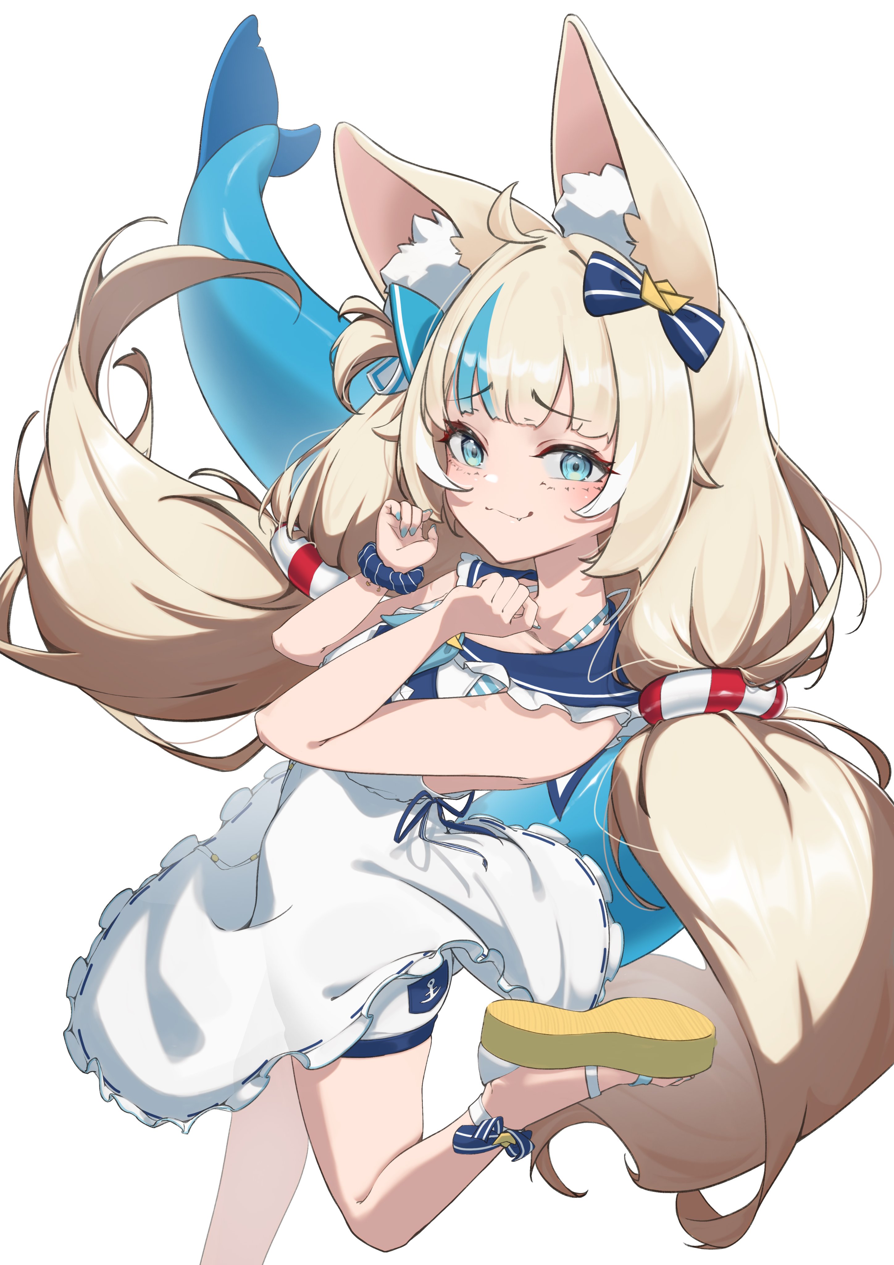 midorimae, sameko saba, indie virtual youtuber, absurdres, highres, 1girl, animal ear fluff, animal ears, blonde hair, blue hair, blue scrunchie, cat ears, closed mouth, dress, fang, fins, fish girl, fish tail, lifebuoy hair ornament, long hair, looking at viewer, low twintails, multicolored hair, one eye closed, sandals, scrunchie, skin fang, sleeveless, sleeveless dress, smile, solo, streaked hair, tail, twintails, very long hair, virtual youtuber, white dress