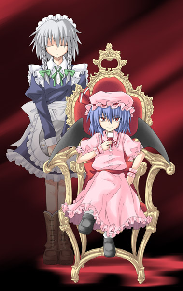 iseki mitsuharu, izayoi sakuya, remilia scarlet, touhou, 2girls, female focus, hat, maid, mob cap, multiple girls, ribbon, tea, vampire, wings