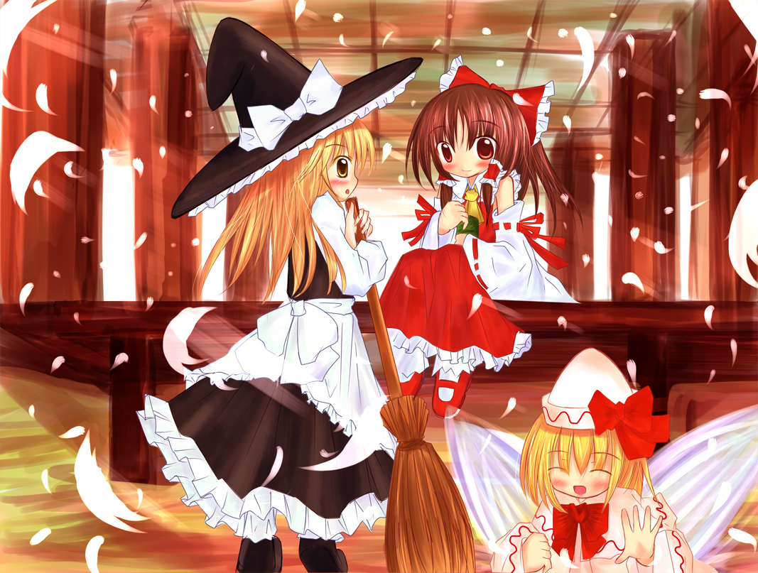hakurei reimu, kirisame marisa, lily white, touhou, black legwear, 3girls, :d, ^ ^, apron, black dress, blonde hair, brown eyes, brown hair, cherry blossoms, closed eyes, dress, female focus, from behind, hat, indoors, long hair, looking at viewer, looking back, multiple girls, open mouth, pillar, puffy short sleeves, puffy sleeves, red dress, short sleeves, sitting, size difference, smile, standing, tate eboshi, thighhighs, waist apron
