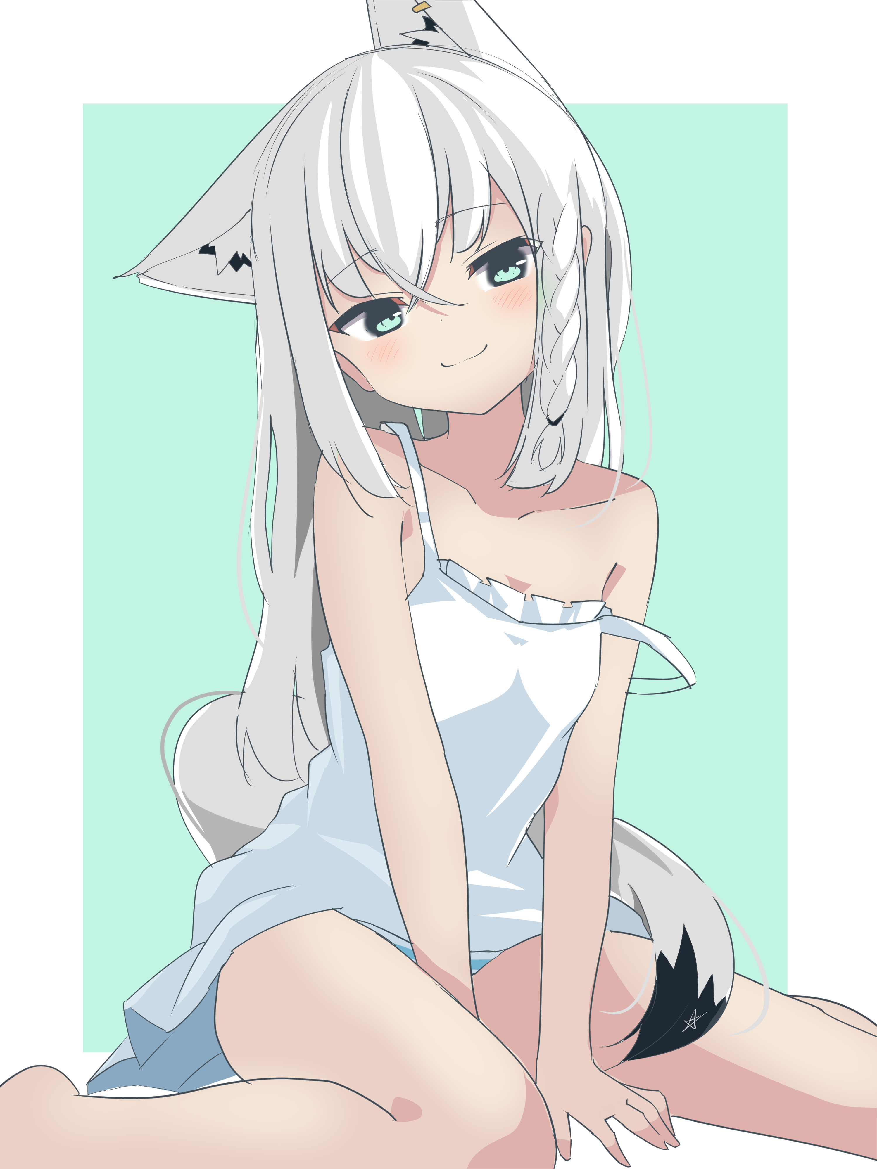 shirayuki (snow link), shirakami fubuki, hololive, absurdres, highres, 1girl, animal ears, braid, breasts, fox ears, fox girl, fox tail, long hair, looking at viewer, sitting, small breasts, solo, tail, white hair