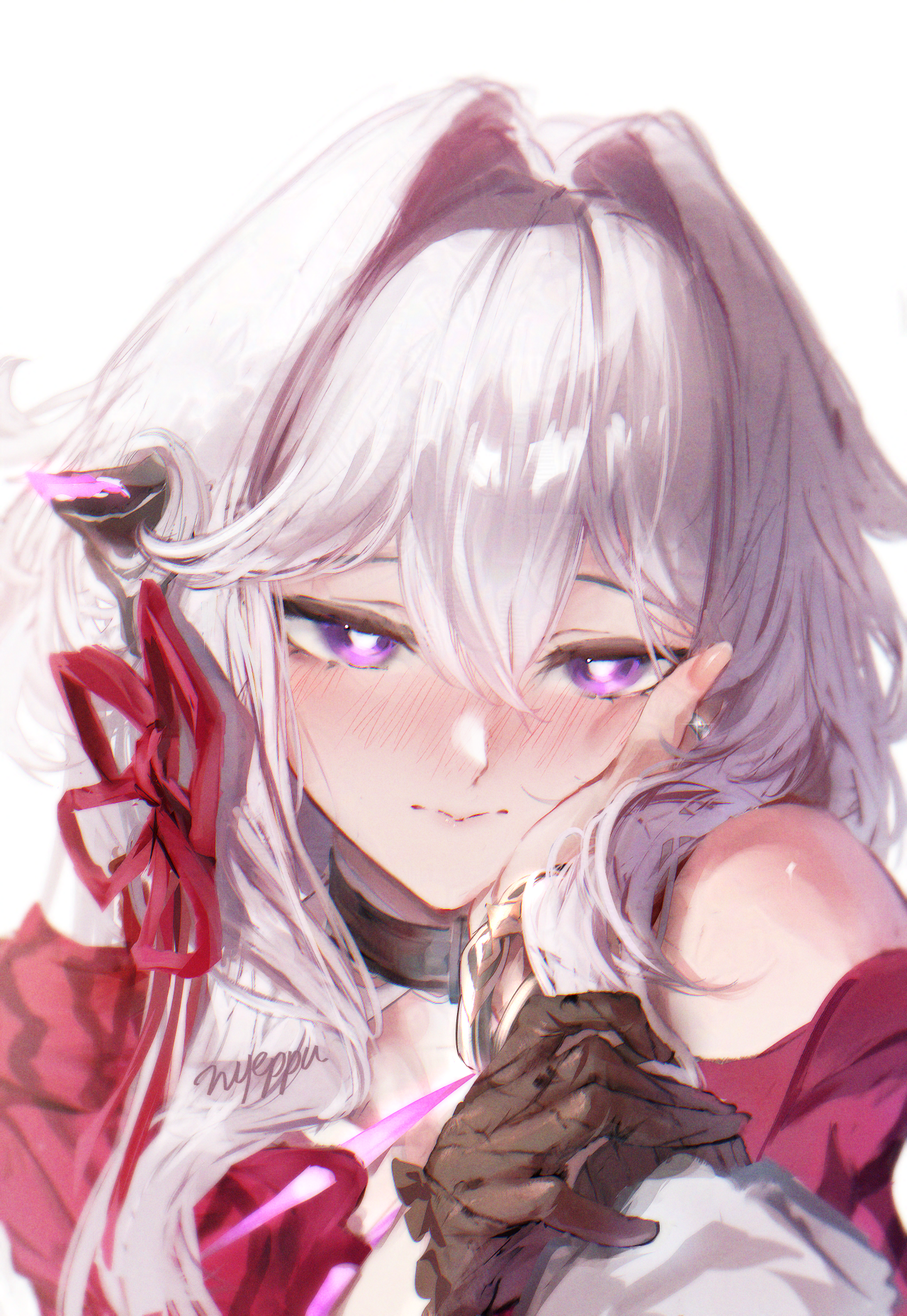 nyeppu, songque, thelema nutriscu, honkai (series), honkai impact 3rd, commentary, english commentary, highres, 2girls, bare shoulders, black choker, black horns, blush, bright pupils, choker, closed mouth, female pov, hair between eyes, hair intakes, hair ribbon, holding another's wrist, horns, long hair, multiple girls, portrait, pov, pov hands, purple eyes, red ribbon, ribbon, side horns, signature, simple background, single horn, solo focus, white background, white pupils