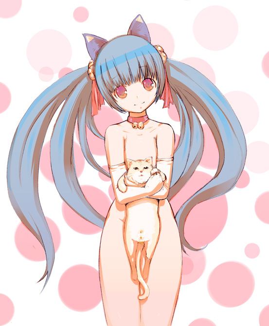 novayuki, original, blue hair, cat, elbow gloves, flat chest, gloves, nude, solo, twintails