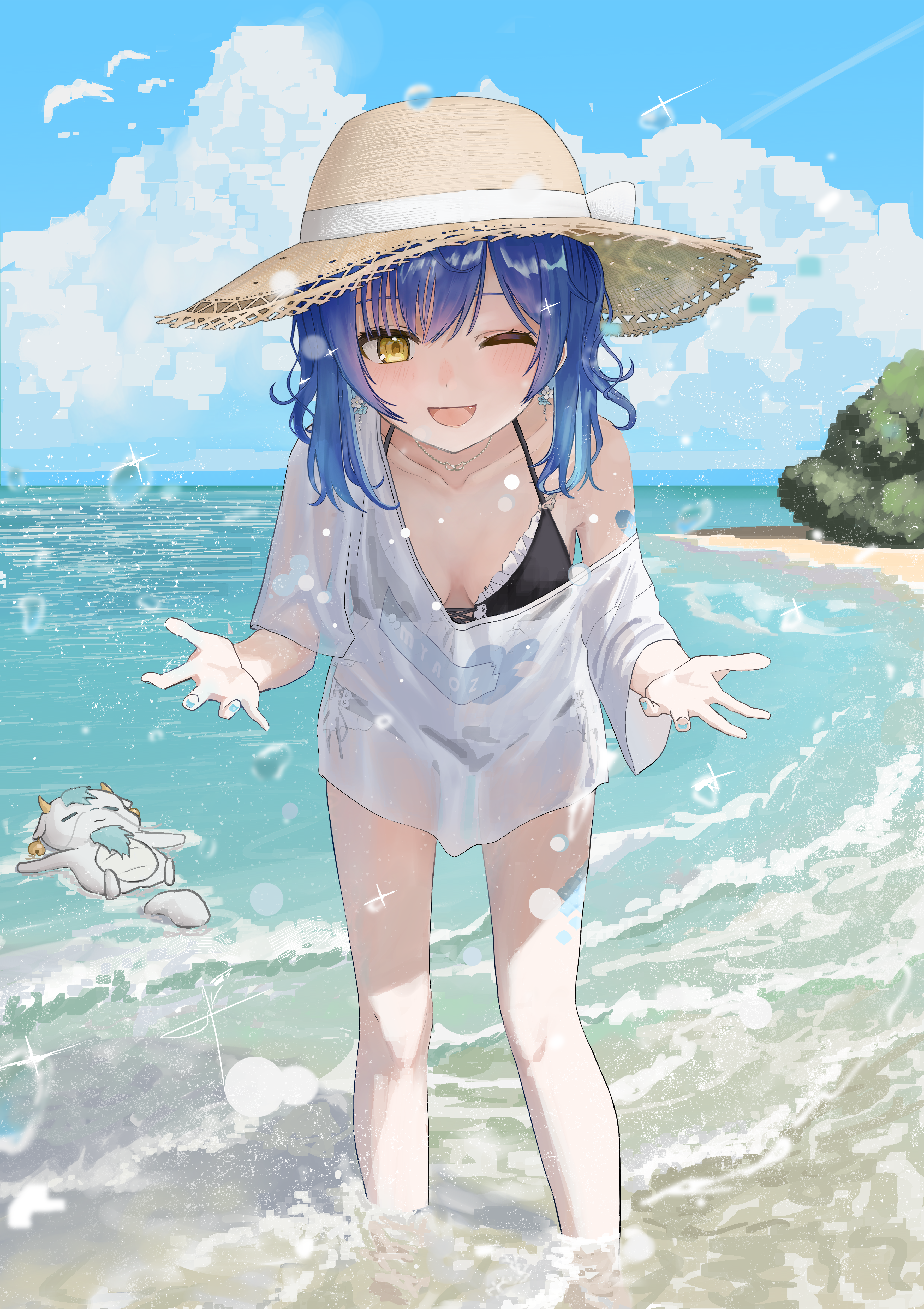 mikeneko90, amamiya kokoro, amamiya kokoro (7th costume), neko (amamiya kokoro), nijisanji, absurdres, commentary request, highres, 1girl, bikini, black bikini, blue hair, breasts, frilled bikini, frills, hat, leaning forward, long sleeves, ocean, one eye closed, open mouth, outdoors, shallow water, shirt, small breasts, solo, straight-on, straw hat, swimsuit, virtual youtuber, wading, water, white shirt, yellow eyes