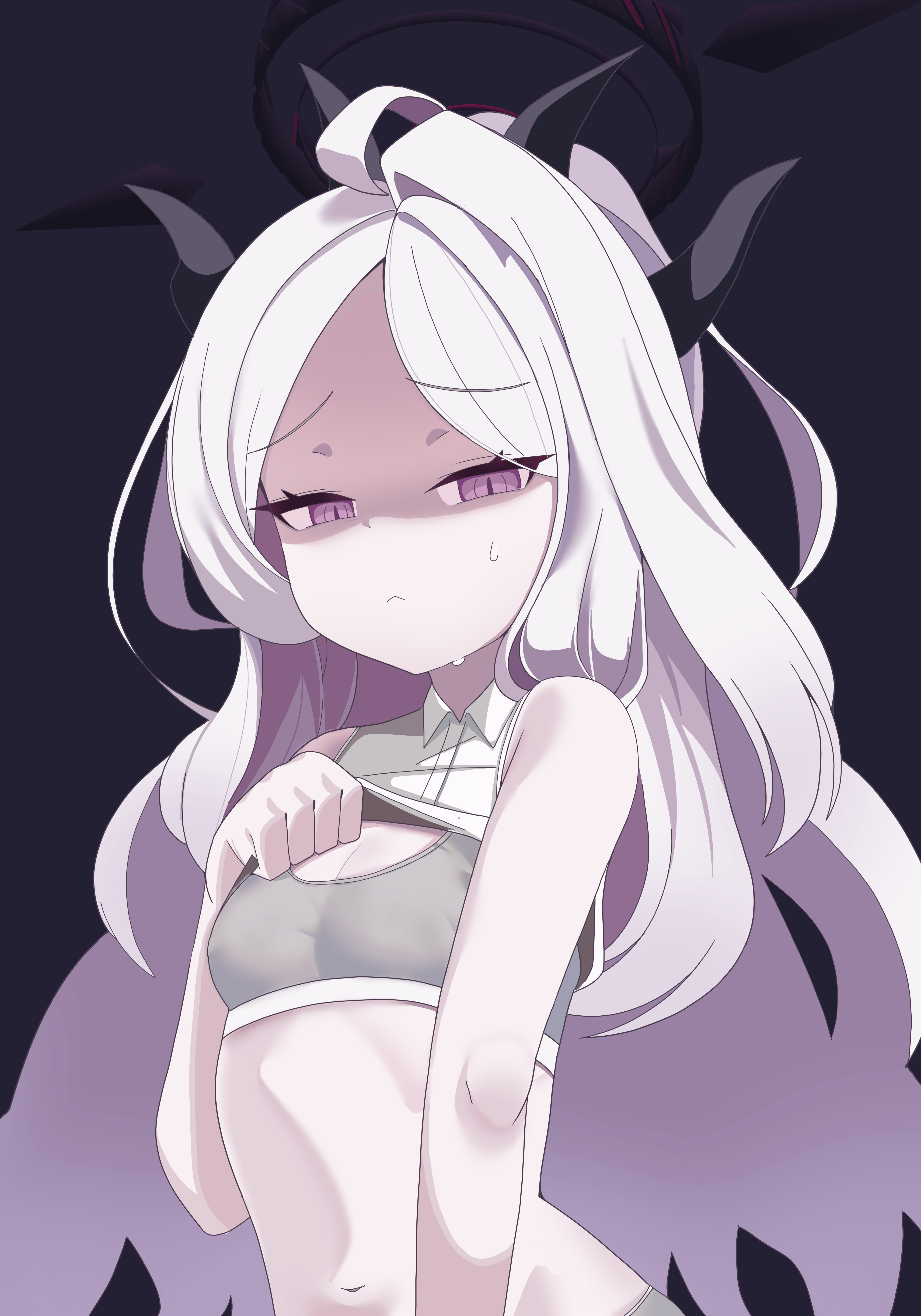 cran berrie, hina (blue archive), blue archive, absurdres, highres, 1girl, breasts, grey sports bra, halo, horns, long hair, navel, purple eyes, shaded face, small breasts, solo, sports bra