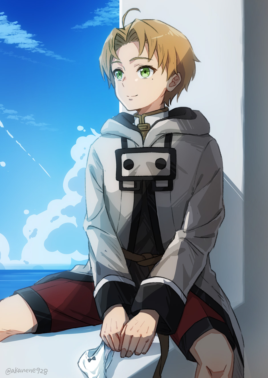 akane (akaneoekaki0928), rudeus greyrat, mushoku tensei, commentary, highres, 1boy, ahoge, blonde hair, blue sky, bow, bow panties, cloud, curtained hair, day, green eyes, grey jacket, holding, holding panties, holding underwear, holding unworn clothes, jacket, long sleeves, male focus, mole, mole under eye, panties, red shorts, shirt, short hair, shorts, sitting, sky, solo, underwear, white panties, white shirt