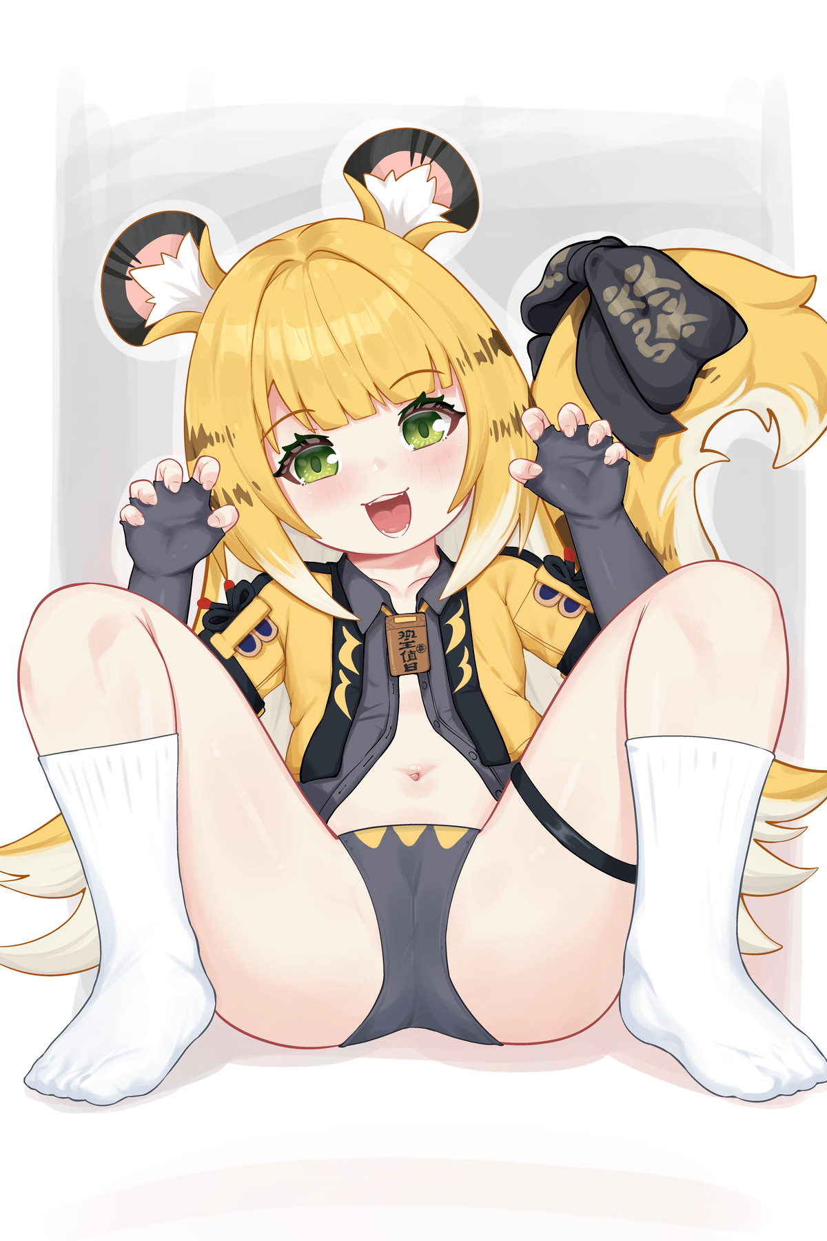 batazungharn, ju fufu, zenless zone zero, commentary, highres, paid reward available, variant set, 1girl, animal ears, black gloves, blonde hair, breasts, claw pose, fingerless gloves, gloves, green eyes, long hair, multicolored hair, navel, open mouth, panties, small breasts, socks, solo, tail, underwear, white socks