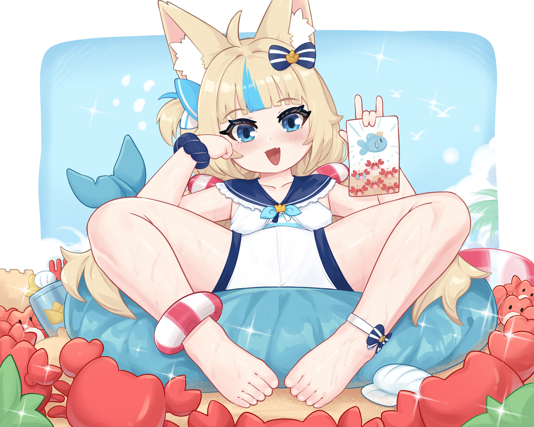 batazungharn, sameko saba, indie virtual youtuber, commentary, highres, paid reward available, variant set, 1girl, animal ear fluff, animal ears, barefoot, blonde hair, blue eyes, blue hair, crab, flat chest, multicolored hair, sailor collar, solo, spread legs, streaked hair, tail