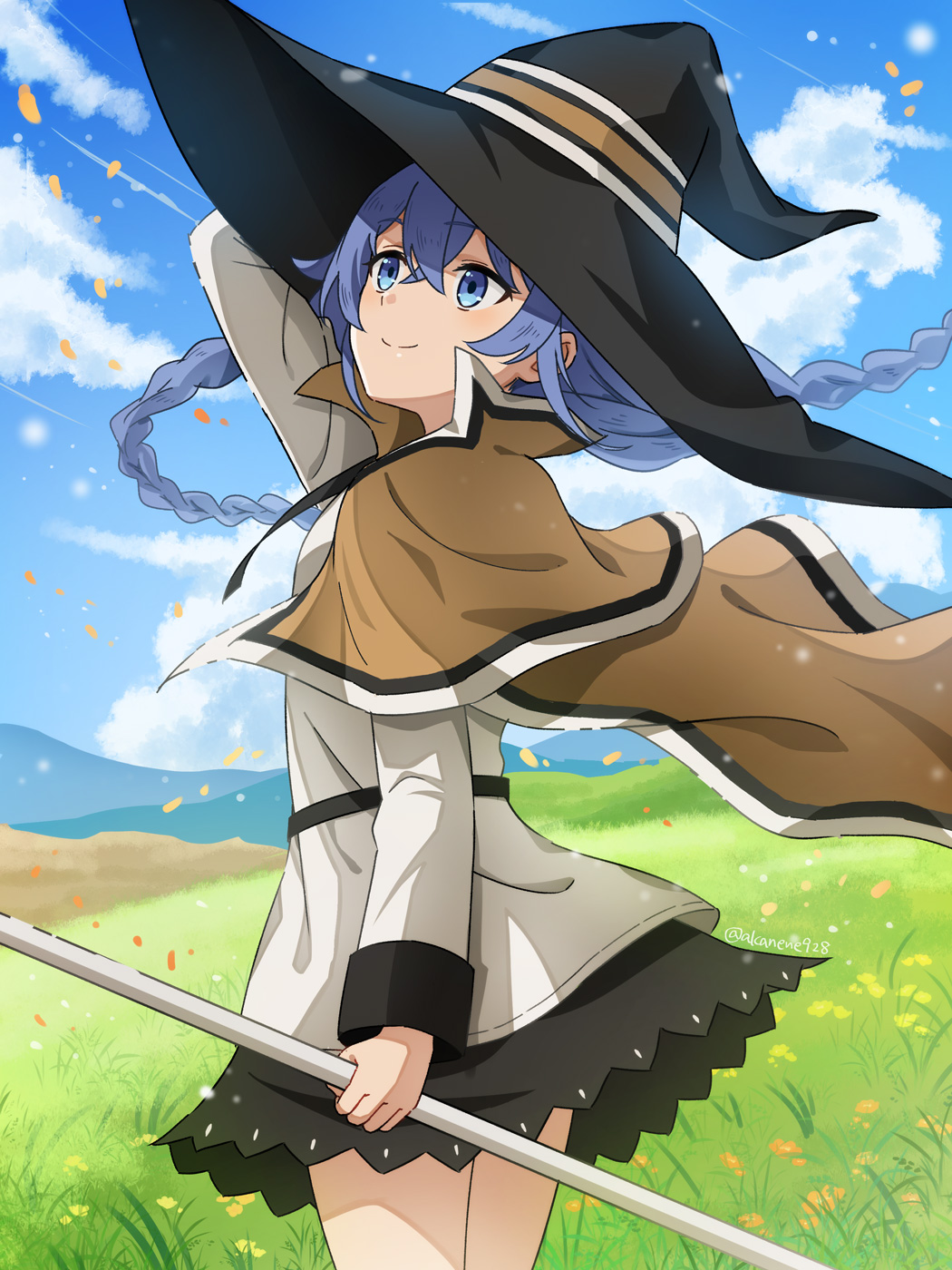 akane (akaneoekaki0928), roxy migurdia, mushoku tensei, commentary, highres, 1girl, black hat, black skirt, blue eyes, blue hair, braid, brown cape, cape, closed mouth, floating cape, hat, holding, holding staff, long hair, long sleeves, low twin braids, meadow, miniskirt, outdoors, shirt, skirt, smile, solo, split mouth, staff, standing, twin braids, very long hair, white shirt, witch hat