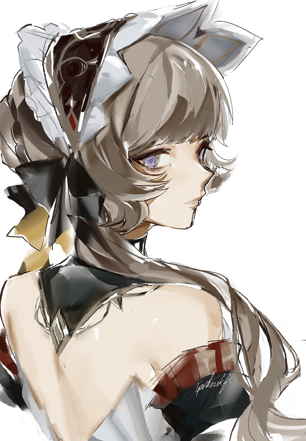 sandrone (genshin impact), genshin impact, commentary, highres, 1girl, backless outfit, bare back, bare shoulders, black bow, black hairband, blue eyes, bow, detached collar, grey hair, hair bow, hairband, long hair, looking at viewer, simple background, solo, upper body, white background, yordanrkgk
