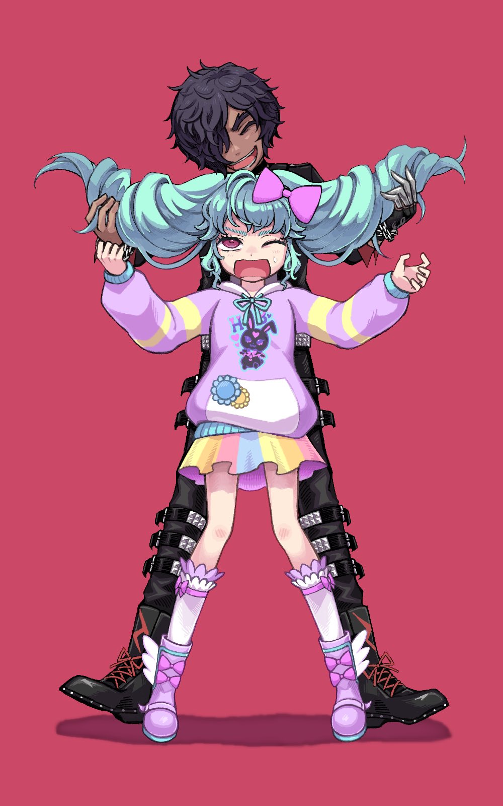 katasumi amari, pretty series, pripara, highres, 1boy, 1girl, :d, behind another, belt boots, black boots, black hair, black pants, blue hair, blue ribbon, boots, bow, closed eyes, dark-skinned male, dark skin, drill hair, full body, hair bow, hair lift, hair over one eye, hands up, holding another's hair, hood, hood down, hoodie, idol land pripara, legs apart, long hair, long sleeves, looking at another, looking up, mario (pripara), neck ribbon, one eye closed, open mouth, pants, pink background, pink bow, pink eyes, purple boots, purple hoodie, rainbow skirt, ribbon, short hair, simple background, smile, standing, tsunawo, twin drills, twintails