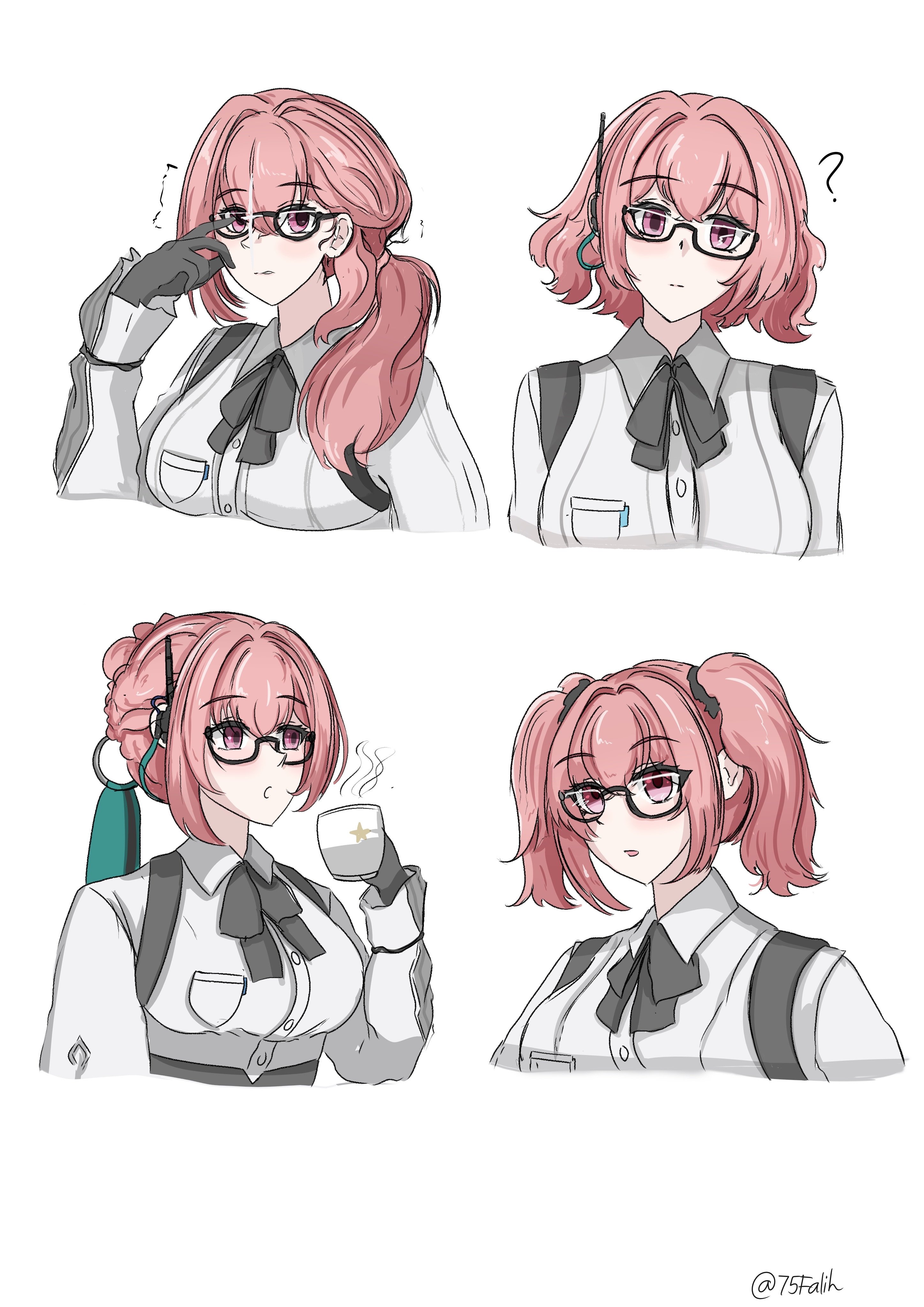 falihfadh75, tsukishiro yanagi, zenless zone zero, absurdres, highres, 1girl, ?, alternate hair length, alternate hairstyle, black-framed eyewear, black ribbon, cup, glasses, holding, holding cup, long hair, multiple views, neck ribbon, pink eyes, pink hair, ribbon, shirt, short hair, simple background, twintails, white background, white shirt