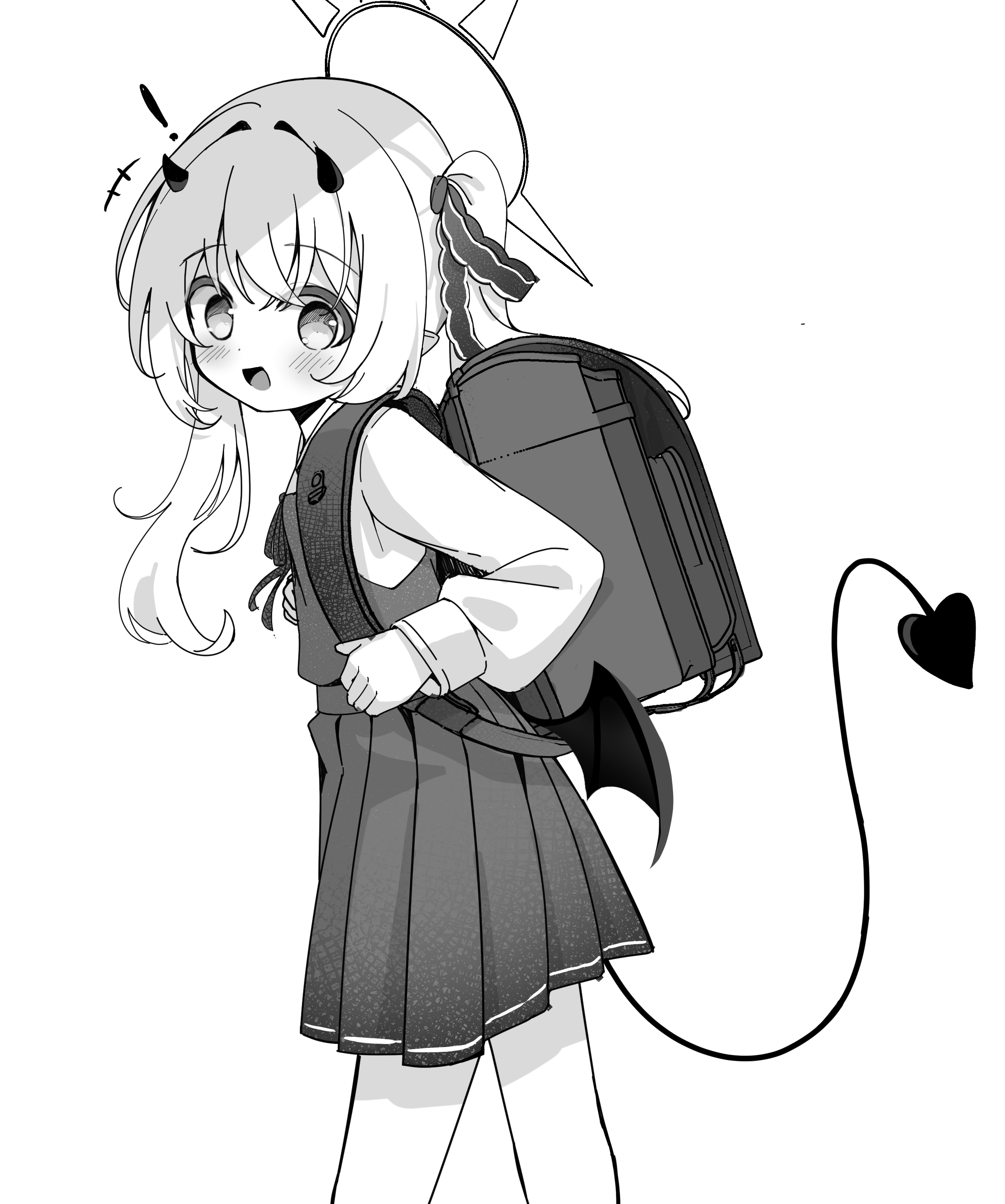 moepu., ibuki (blue archive), blue archive, absurdres, commentary request, highres, 1girl, backpack, bag, blush, demon horns, demon tail, demon wings, dress, greyscale, halo, horns, long hair, looking at viewer, monochrome, pinafore dress, randoseru, side ponytail, simple background, sleeveless, sleeveless dress, solo, tail, wings