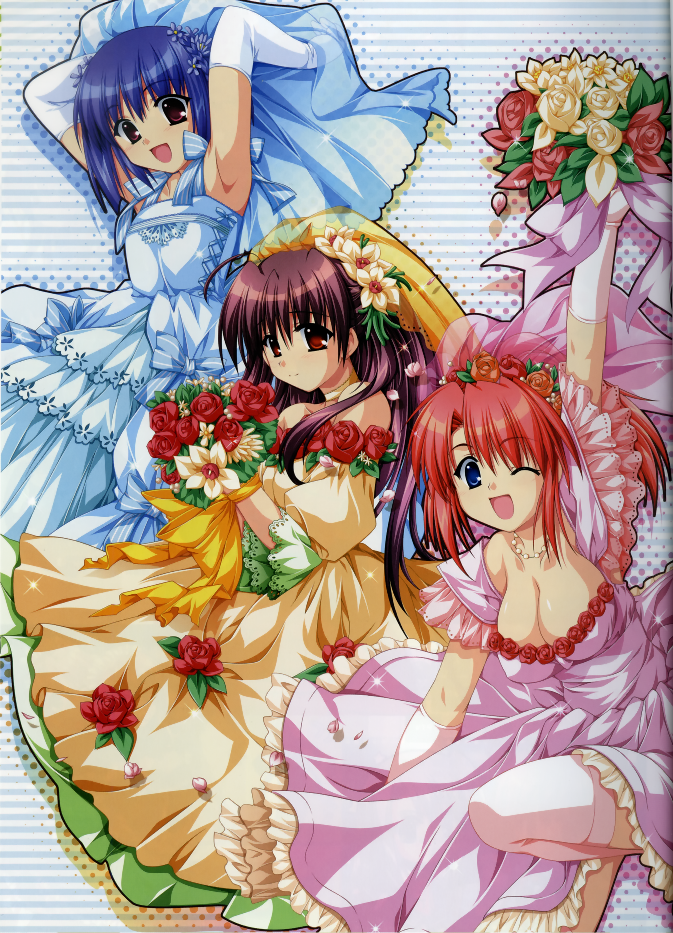 alpha (yukai na nakamatachi), hinata natsumi (sharin no kuni), mitsuhiro sachi, oone touka, sharin no kuni himawari no shoujo, white legwear, absurdres, highres, 3girls, :d, ;d, ahoge, arm up, armpits, arms up, blue dress, blue eyes, blue hair, bouquet, braid, breasts, brown eyes, brown hair, cleavage, dress, elbow gloves, flower, gloves, hair flower, hair ornament, large breasts, leg up, long hair, multiple girls, one eye closed, open mouth, petals, pink dress, puffy sleeves, red hair, short hair, smile, thighhighs, veil, wedding dress, white gloves, wink, yellow dress