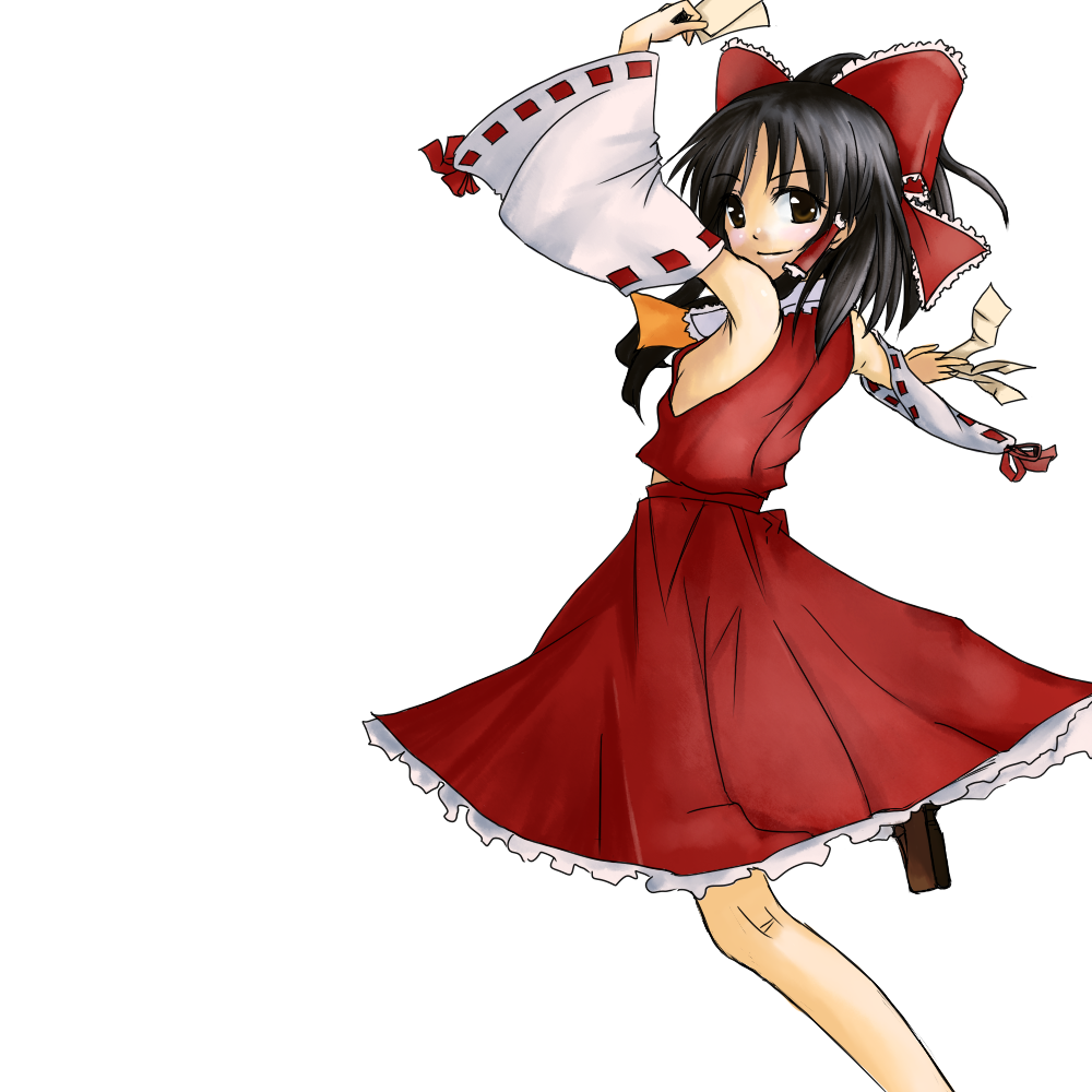 karna (karna), hakurei reimu, touhou, 1girl, armpits, black eyes, black hair, blush, breasts, detached sleeves, female focus, hair tubes, light smile, looking at viewer, ofuda, sideboob, simple background, skirt, small breasts, solo, white background