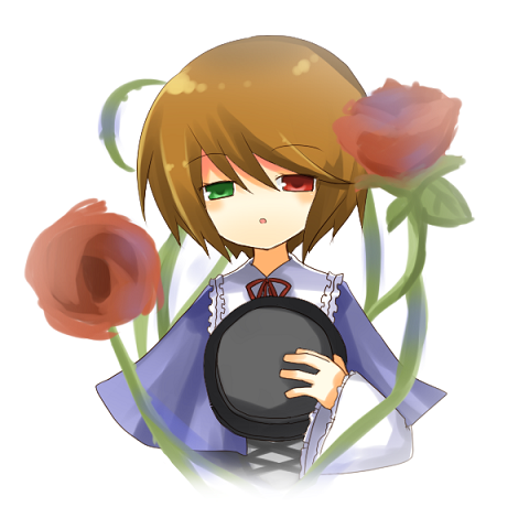 yuzuki (yuduame), souseiseki, rozen maiden, lowres, 00s, 1girl, :o, black hat, blush, brown hair, capelet, expressionless, fedora, female focus, flower, frilled sleeves, frills, green eyes, half-closed eyes, hat, heterochromia, holding, holding unworn clothes, holding unworn hat, long sleeves, looking at viewer, open mouth, red eyes, red flower, short hair, simple background, sketch, solo, unworn hat, unworn headwear, upper body, white background, wide sleeves