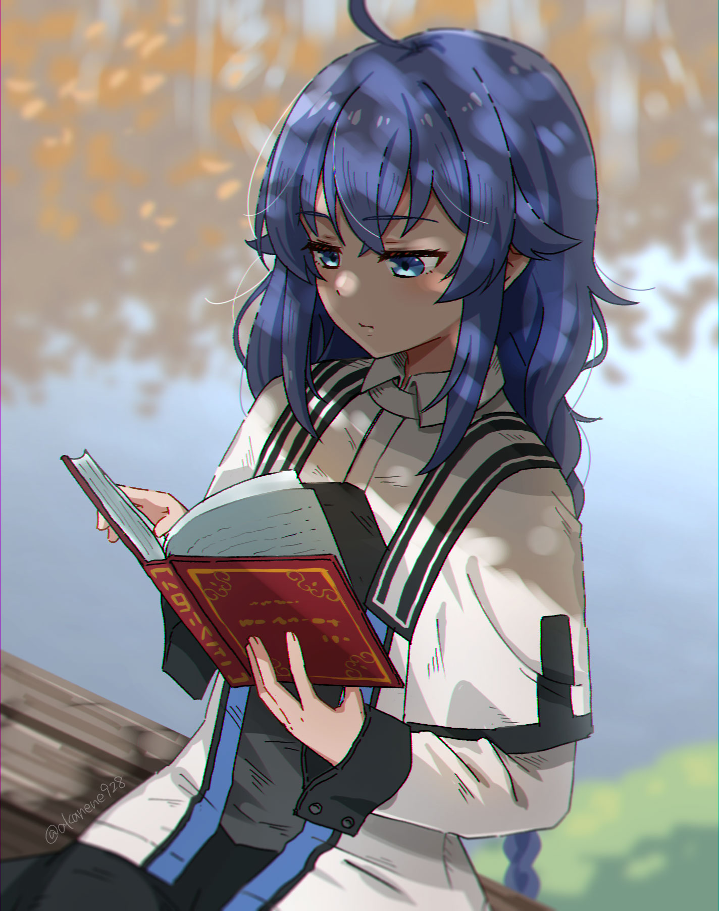 akane (akaneoekaki0928), roxy migurdia, mushoku tensei, commentary, highres, 1girl, ahoge, black skirt, blue eyes, blue hair, book, braid, cowboy shot, dappled sunlight, holding, holding book, jacket, long hair, long sleeves, low twin braids, open book, reading, sitting, skirt, solo, sunlight, twin braids, very long hair, white jacket