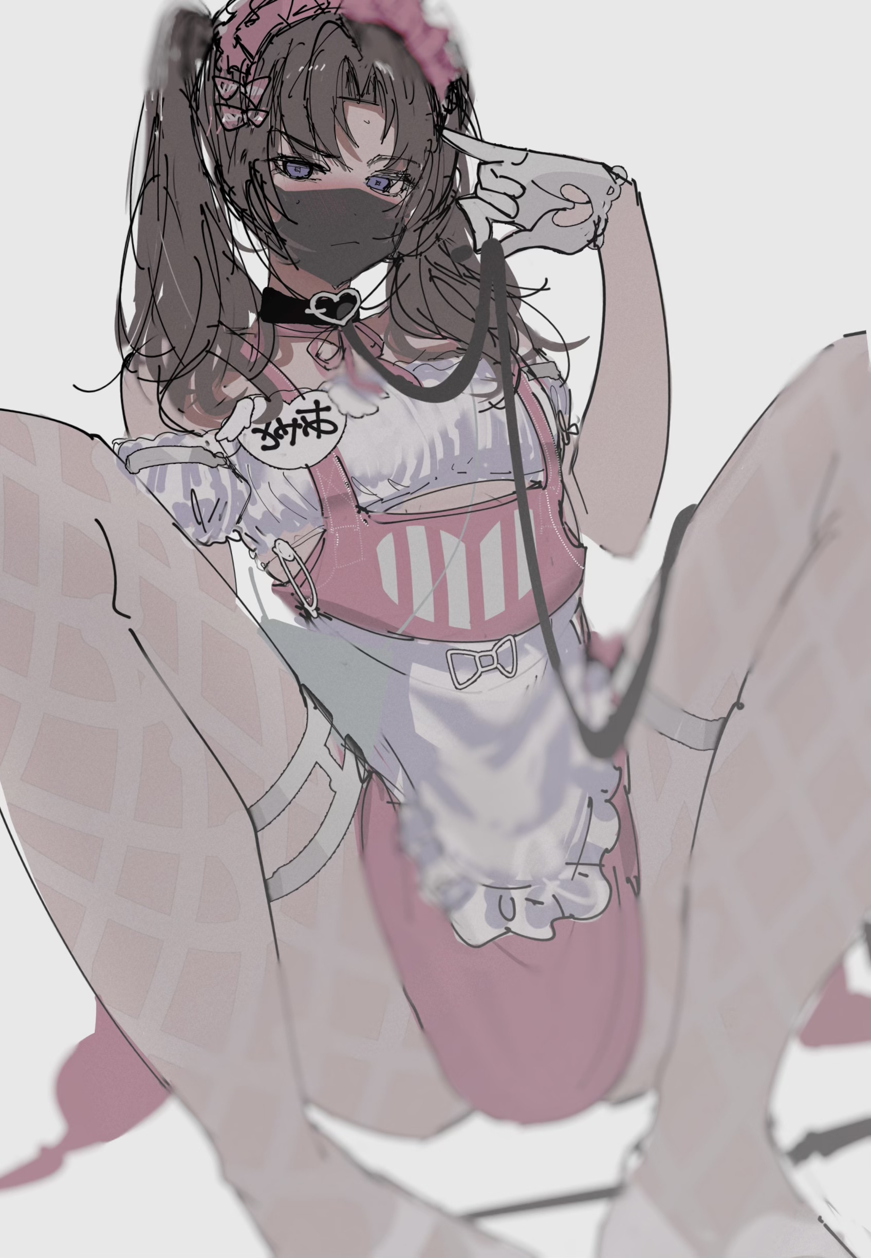 imamiya pinoko, original, absurdres, highres, 1boy, ayase ayato (imamiya pinoko), black hair, choker, crossdressing, crossdressing (mtf), gloves, leash, m legs, maid, maid headdress, male maid, mask, mouth mask, purple eyes, sitting, spread legs, surgical mask, thighhighs, trap, twintails, white gloves, white thighhighs