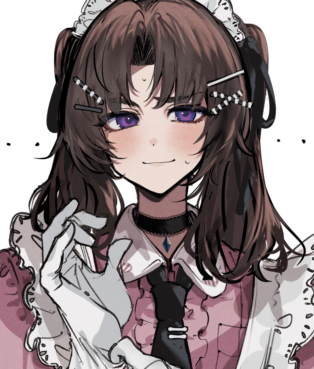 imamiya pinoko, original, highres, 1boy, ayase ayato (imamiya pinoko), brown hair, choker, crossdressing, crossdressing (mtf), gloves, light smile, long hair, maid, maid headdress, male maid, multicolored hair, portrait, purple eyes, thick eyebrows, trap, two-tone hair, white gloves
