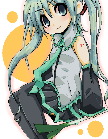 metaru maccha, hatsune miku, vocaloid, bad id, bad pixiv id, lowres, 1girl, aqua hair, female focus, oekaki, solo, spring onion, thighhighs