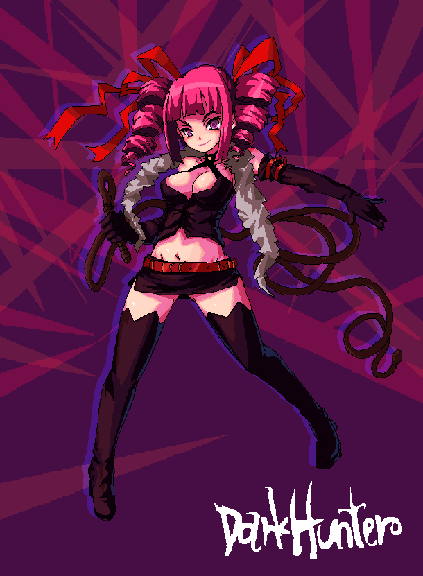 kara (color), dark hunter, dark hunter (sekaiju), dark hunter 4, atlus, etrian odyssey, 1girl, breasts, cleavage, dominatrix, drill hair, elbow gloves, female focus, gloves, hair ribbon, large breasts, midriff, pink hair, ribbon, solo, thighhighs, whip, zettai ryouiki