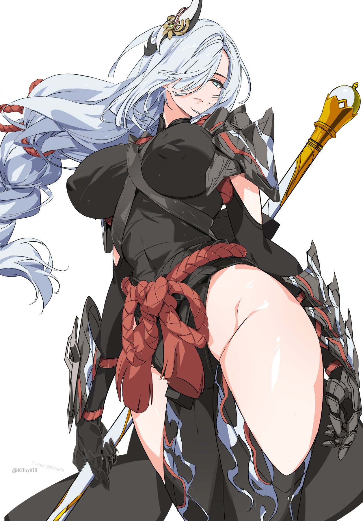 kili kilio, shenhe (genshin impact), genshin impact, highres, 1girl, alternate costume, armor, black bodysuit, black gloves, blue eyes, bodysuit, braid, braided ponytail, breasts, clothing cutout, covered erect nipples, gloves, grey hair, hair ornament, hair over one eye, hip vent, large breasts, long hair, looking at viewer, ninja, one eye covered, polearm, red rope, rope, shoulder armor, solo, thigh cutout, thighs, very long hair, weapon, white background