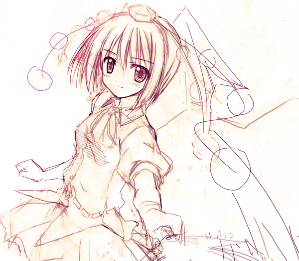 shameimaru aya, touhou, 1girl, brown theme, female focus, hat, looking at viewer, monochrome, sketch, solo