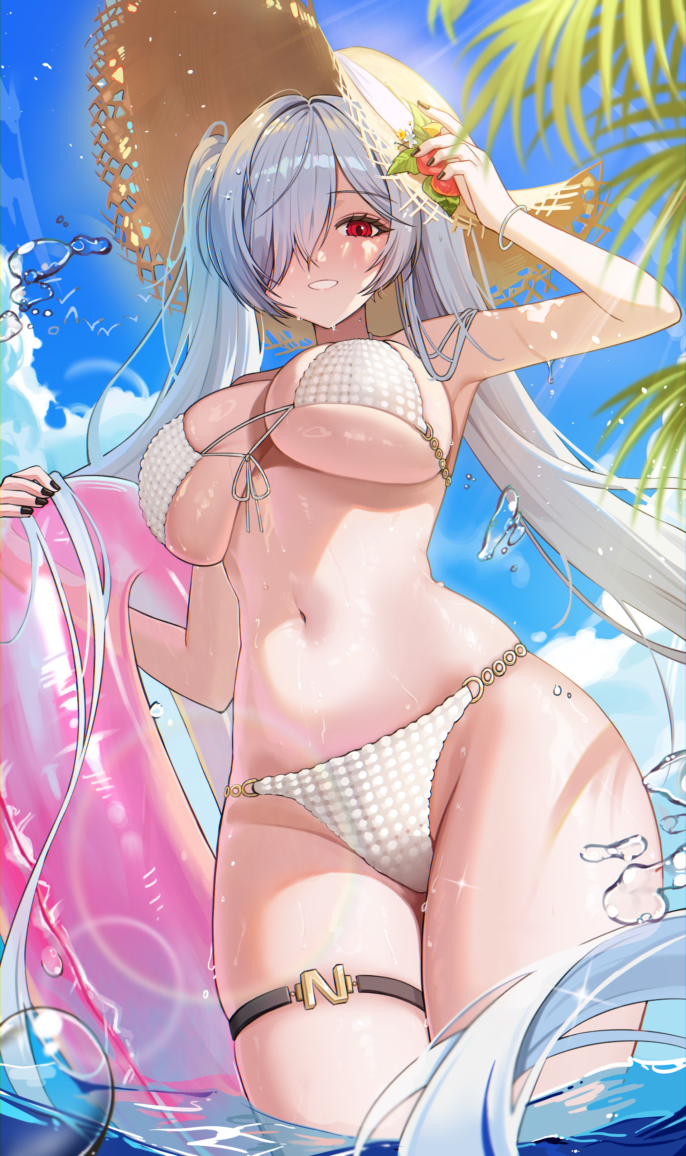 suisen (suisenhwa), cinderella (nikke), goddess of victory: nikke, absurdres, commentary, commission, highres, pixiv commission, 1girl, alternate costume, arm up, armpits, bikini, black nails, breasts, cleavage, cowboy shot, from below, front-tie bikini top, front-tie top, grin, groin, hair over one eye, hat, holding, holding swim ring, huge breasts, innertube, long hair, looking at viewer, navel, one eye covered, pink innertube, red eyes, smile, solo, standing, stomach, straw hat, swim ring, swimsuit, teeth, thigh strap, twintails, very long hair, wading, wet, white bikini, white hair