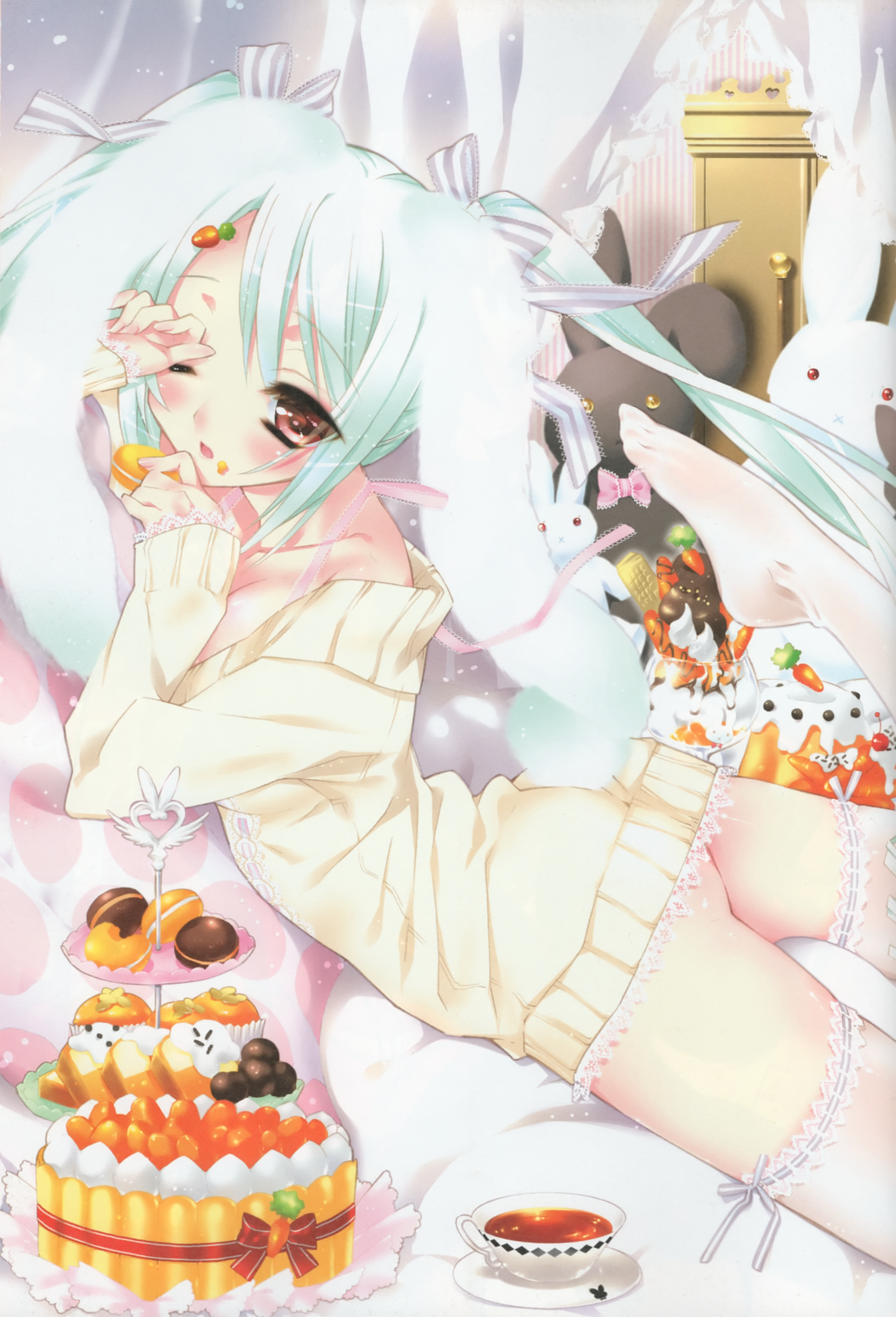 kamiya maneki, absurdres, highres, scan, 1girl, arched back, ass, bed, blue hair, cake, candy, cup, dress, feet, female focus, food, frilled thighhighs, frills, green hair, lying, macaron, no shoes, on stomach, red eyes, solo, stuffed animal, stuffed rabbit, stuffed toy, sweater, sweater dress, teacup, thighhighs, tiered tray