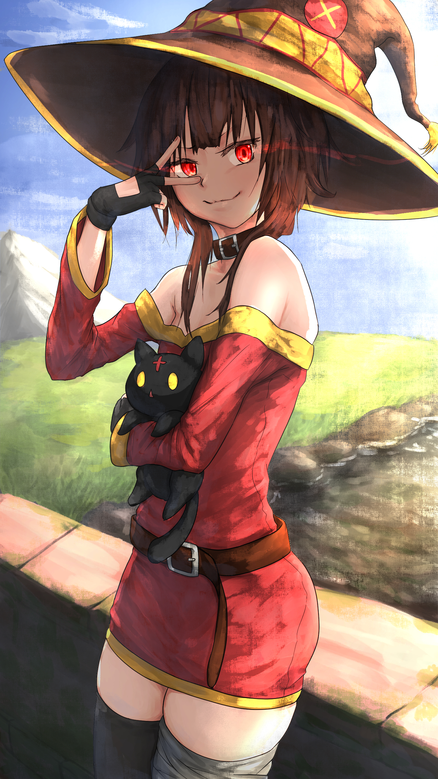 nobukingu, chomusuke, megumin, kono subarashii sekai ni shukufuku wo!, absurdres, commentary request, highres, animal, bare shoulders, belt, belt collar, black hair, black thighhighs, bridge, cat, closed mouth, collar, dress, fingerless gloves, gloves, glowing, glowing eyes, hand up, hat, holding, holding animal, holding cat, horizon, large hat, long sleeves, looking to the side, off-shoulder dress, off shoulder, outdoors, red dress, red eyes, short dress, short hair with long locks, sky, smile, stream, thighhighs, v, v over eye, witch hat, zettai ryouiki
