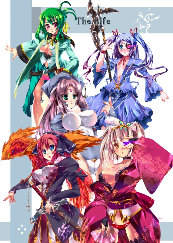 yoshimoto (dear life), original, 5girls, antenna hair, blonde hair, breasts, cowboy shot, dress, fantasy, floral print, green hair, halberd, holding, holding weapon, large breasts, long hair, long sleeves, looking at viewer, multiple girls, outstretched arm, polearm, purple eyes, red dress, red eyes, red hair, standing, very long hair, weapon, wide sleeves