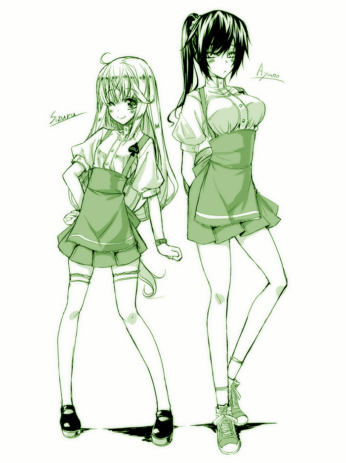 kawakami shuuichi, shu (artist), anna miller, original, tall, 2girls, arms behind back, breasts, green theme, hand on own hip, hip focus, large breasts, monochrome, multiple girls, shoes, sneakers, socks, thighhighs, waitress, zettai ryouiki