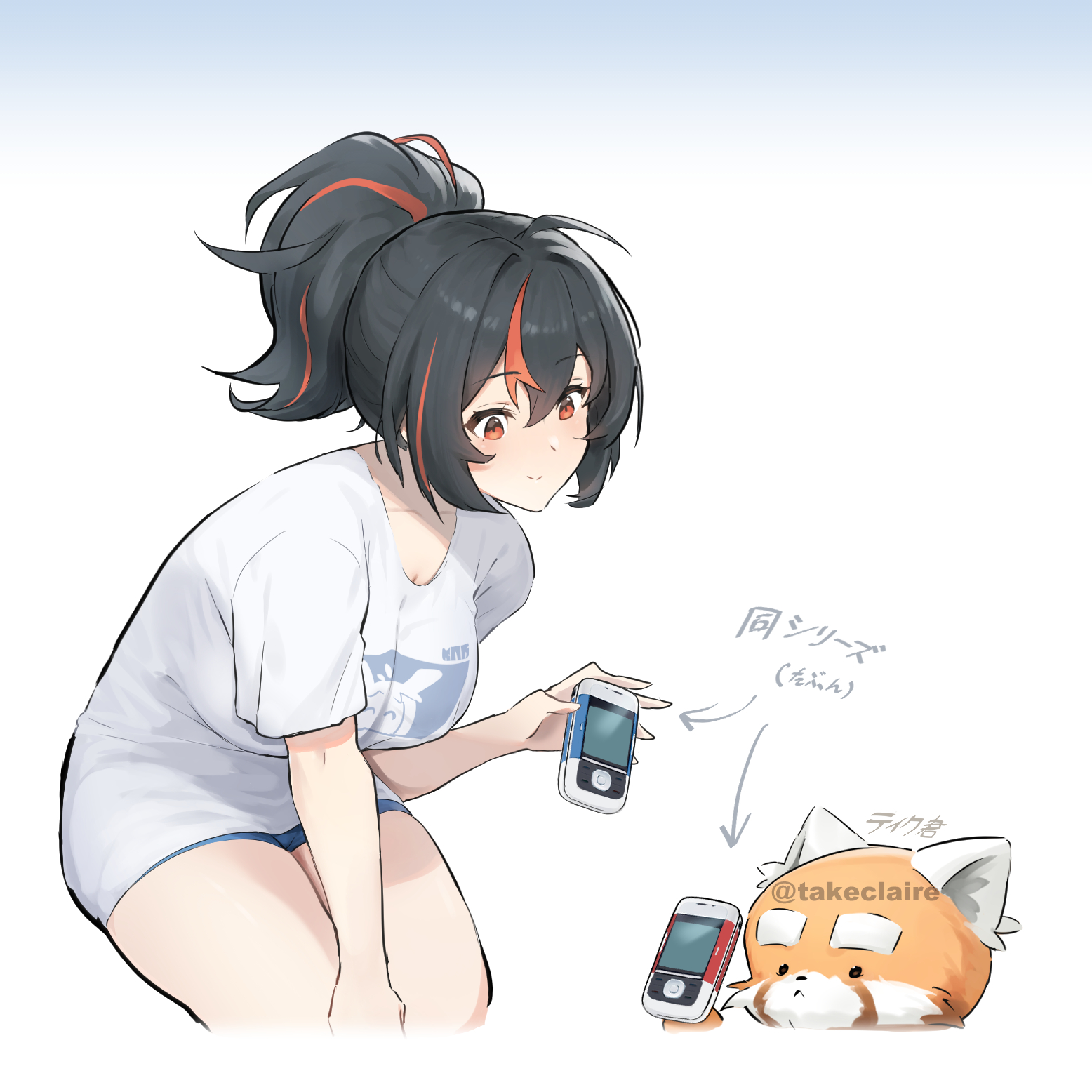 takeclaire, zhu yuan, nokia (company), zenless zone zero, highres, 1boy, 1girl, alternate costume, black hair, blue shorts, blush, breasts, fox boy, holding, holding phone, large breasts, phone, ponytail, red eyes, shirt, short shorts, shorts, smile, white background, white shirt