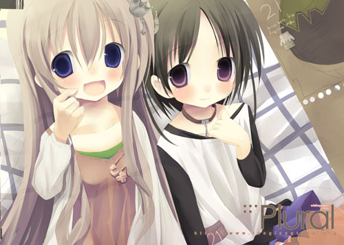 shiro (octet), shiro, original, lowres, 2girls, :d, blush, breasts, brown dress, collar, collarbone, crown, dress, grey jacket, hair between eyes, hand on own chest, jacket, long sleeves, looking at viewer, mini crown, multiple girls, open clothes, open jacket, open mouth, parted bangs, purple eyes, purple skirt, scratching cheek, skirt, small breasts, smile, tareme, upper body
