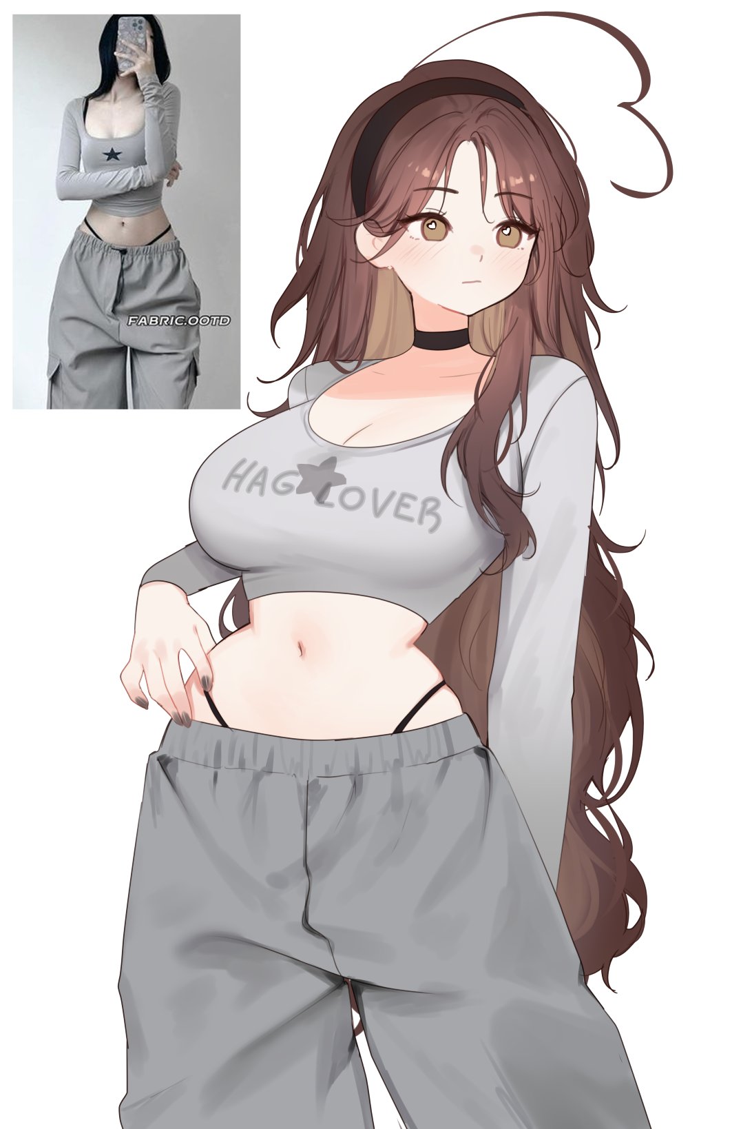 sky above me, sky above me (vtuber), indie virtual youtuber, commentary, english commentary, highres, 1girl, ahoge, black hairband, blush, breasts, brown eyes, brown hair, closed mouth, clothes writing, fingernails, grey nails, grey pants, grey shirt, hairband, heart, heart ahoge, heart in eye, highleg, large breasts, long hair, long sleeves, looking to the side, nail polish, navel, pants, reference inset, shirt, simple background, solo, star (symbol), star print, stomach, symbol in eye, virtual youtuber, white background