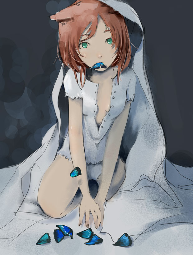 arihara kouji, original, animal ears, bed, bed sheet, bug, butterfly, cat ears, flat chest, green eyes, insect, mouth hold, red hair, solo