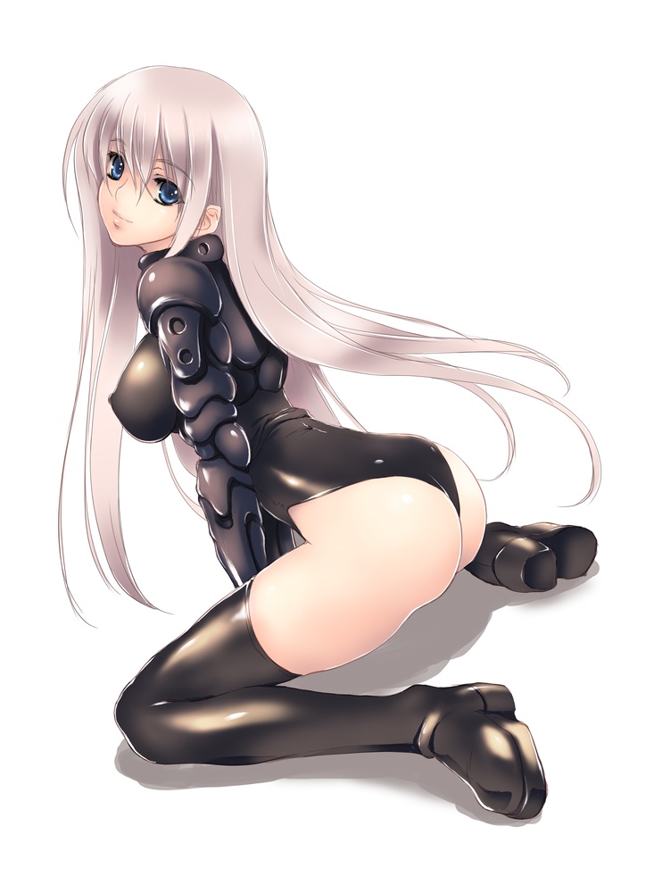 kikurage, original, armor, ass, blue eyes, boots, grey hair, long hair, smile, thighhighs