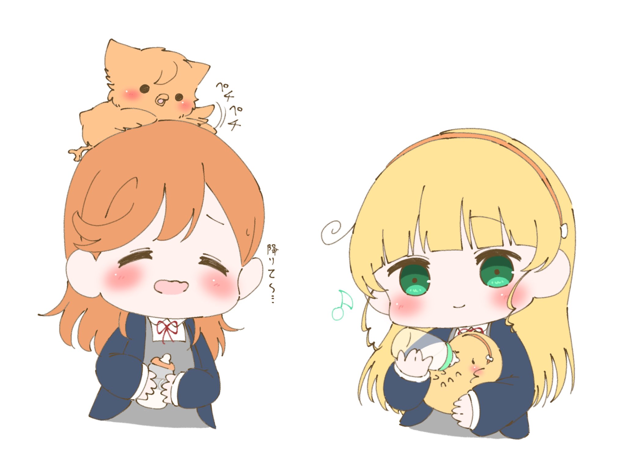 mormot (hamuni naritai ), heanna sumire, shibuya kanon, love live!, love live! superstar!!, commentary request, highres, 2girls, animal, animal on head, animalization, baby bottle, bird, bird on head, blonde hair, blue jacket, blunt bangs, bottle, collared shirt, dolce (love live!), dress shirt, dual persona, eighth note, feeding, green eyes, hairband, isopod, jacket, long hair, long sleeves, loose hair strand, multiple girls, musical note, neck ribbon, on head, open clothes, open jacket, open mouth, orange hair, orange hairband, owl, red ribbon, ribbon, school uniform, shirt, simple background, wavy mouth, white background, white shirt, winter uniform, yuigaoka school uniform