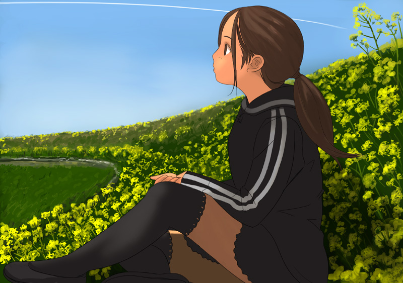 kiriman (souldeep), original, 1girl, black eyes, black thighhighs, brown hair, contrail, day, female focus, field, flower, flower field, from side, grass, jacket, long hair, long sleeves, outdoors, ponytail, profile, school uniform, serafuku, skirt, sky, solo, thighhighs, track jacket