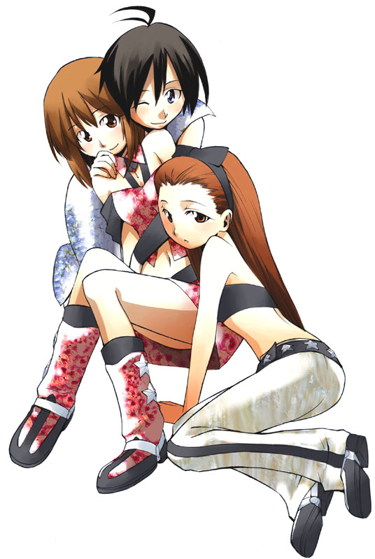 kurose kousuke, hagiwara yukiho, kikuchi makoto, minase iori, idolmaster, idolmaster (classic), idolmaster 1, 00s, 3girls, antenna hair, bare shoulders, belt, boots, buckle, cool & sexy (idolmaster), full body, hairband, knee boots, long hair, multiple girls, pants, short hair, sitting, strapless, thighs, tube top, very long hair, yokozuwari
