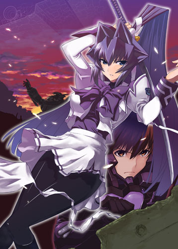 mitsurugi meiya, shirogane takeru, muv-luv, muv-luv alternative, pilot suit, lowres, textless version, 1boy, 1girl, arm up, black pantyhose, blue eyes, blue hair, bodysuit, bow, brown eyes, brown hair, fortified suit, hair intakes, holding, katana, long hair, long sleeves, mecha, mecha pilot suit, pantyhose, ponytail, robot, school uniform, serafuku, skirt, sunset, sword, weapon