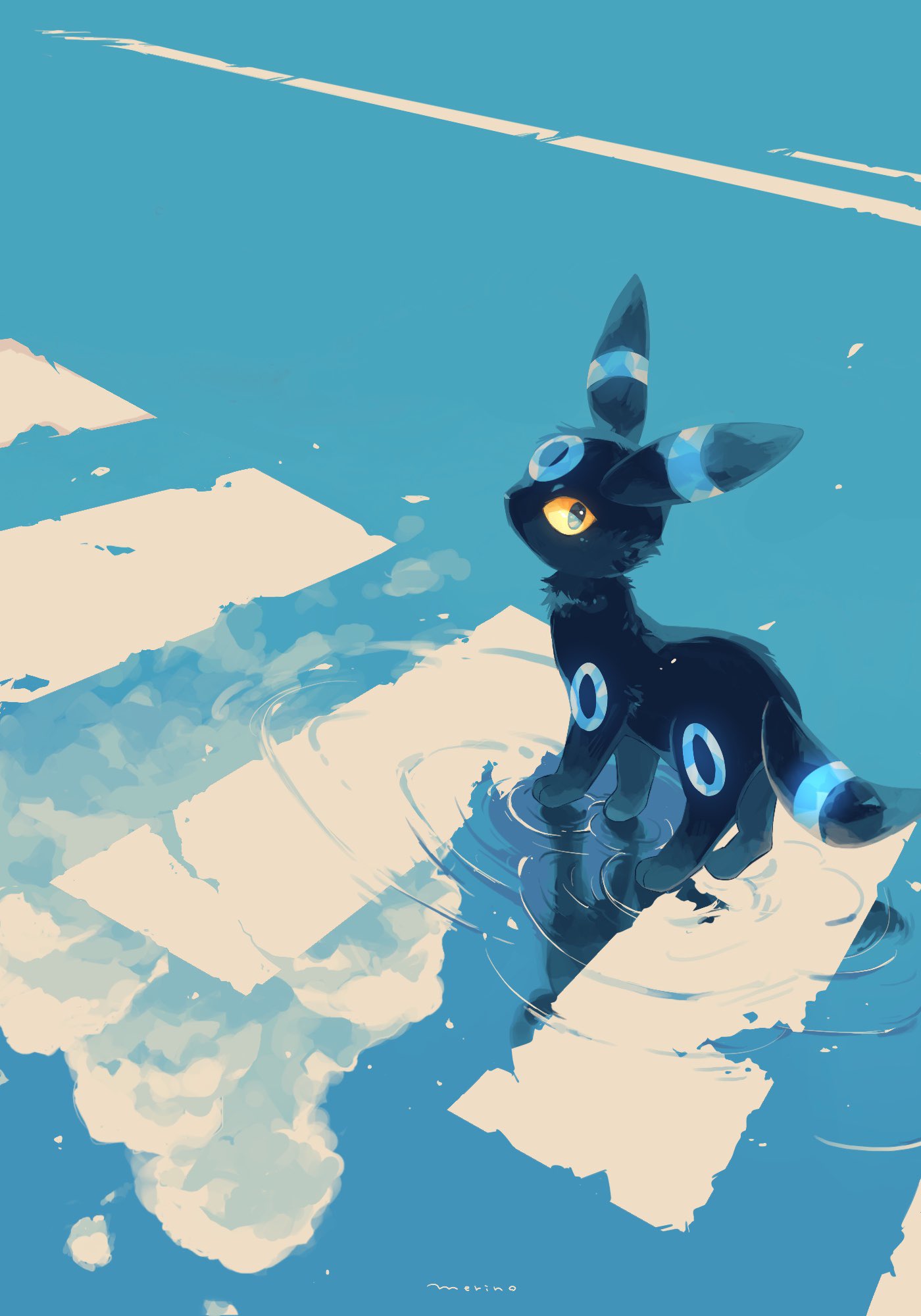merino (merino 9999), umbreon, nintendo, pokemon, highres, alternate color, animal focus, black fur, closed eyes, colored sclera, crosswalk, gen 2 pokemon, looking at viewer, no humans, pokemon (creature), pokemon focus, ripples, shiny pokemon, solo, tail, water, yellow sclera