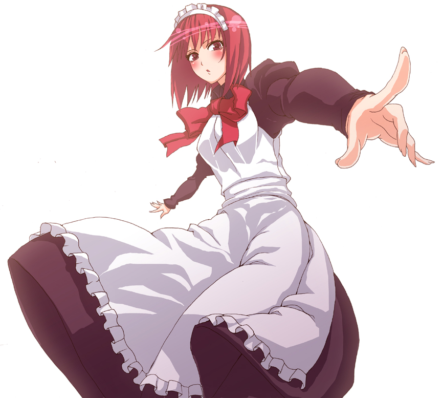 pepe (pepe's hp), hisui (tsukihime), tsukihime, 00s, 1girl, blush, bow, dress, female focus, maid, pointing, red eyes, red hair, short hair, simple background, solo