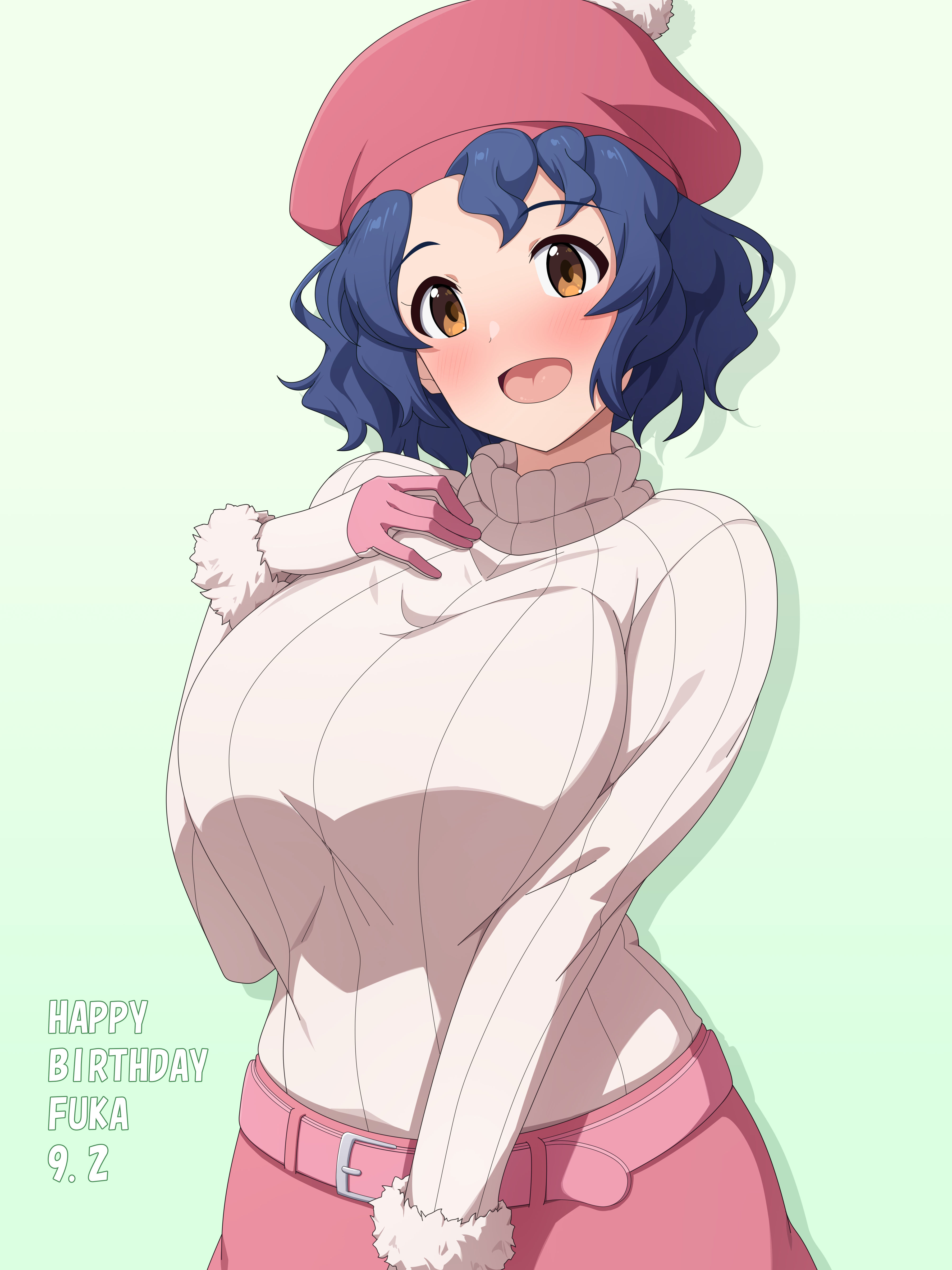 mei ichi, toyokawa fuka, idolmaster, idolmaster million live!, idolmaster million live! theater days, absurdres, commentary request, highres, 1girl, :d, belt, blue hair, blush, breasts, brown eyes, gloves, green background, happy birthday, hat, large breasts, long sleeves, looking at viewer, open mouth, pink skirt, red hat, ribbed sweater, simple background, skirt, smile, solo, sweater, turtleneck, turtleneck sweater, upper body, white sweater