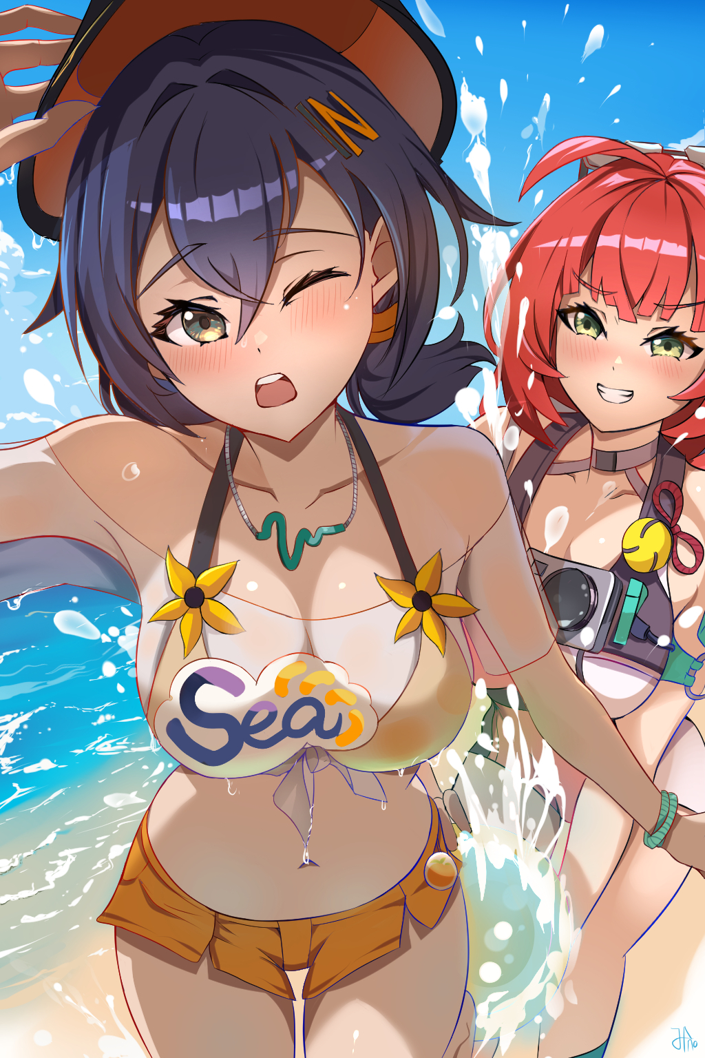 jpno, belle (summer skies) (zenless zone zero), belle (zenless zone zero), ukinami yuzuha, ukinami yuzuha (tanuki in broad daylight), zenless zone zero, highres, 2girls, ahoge, beach, bikini, black choker, blue hair, blue sky, blush, breasts, choker, green eyes, hair ornament, large breasts, letter hair ornament, long hair, looking at viewer, multiple girls, official alternate costume, one-piece swimsuit, one eye closed, orange bikini, orange shorts, red hair, see-through clothes, see-through shirt, shirt, short hair, shorts, sky, splashing, swimsuit, teeth, upper teeth only, water, white one-piece swimsuit