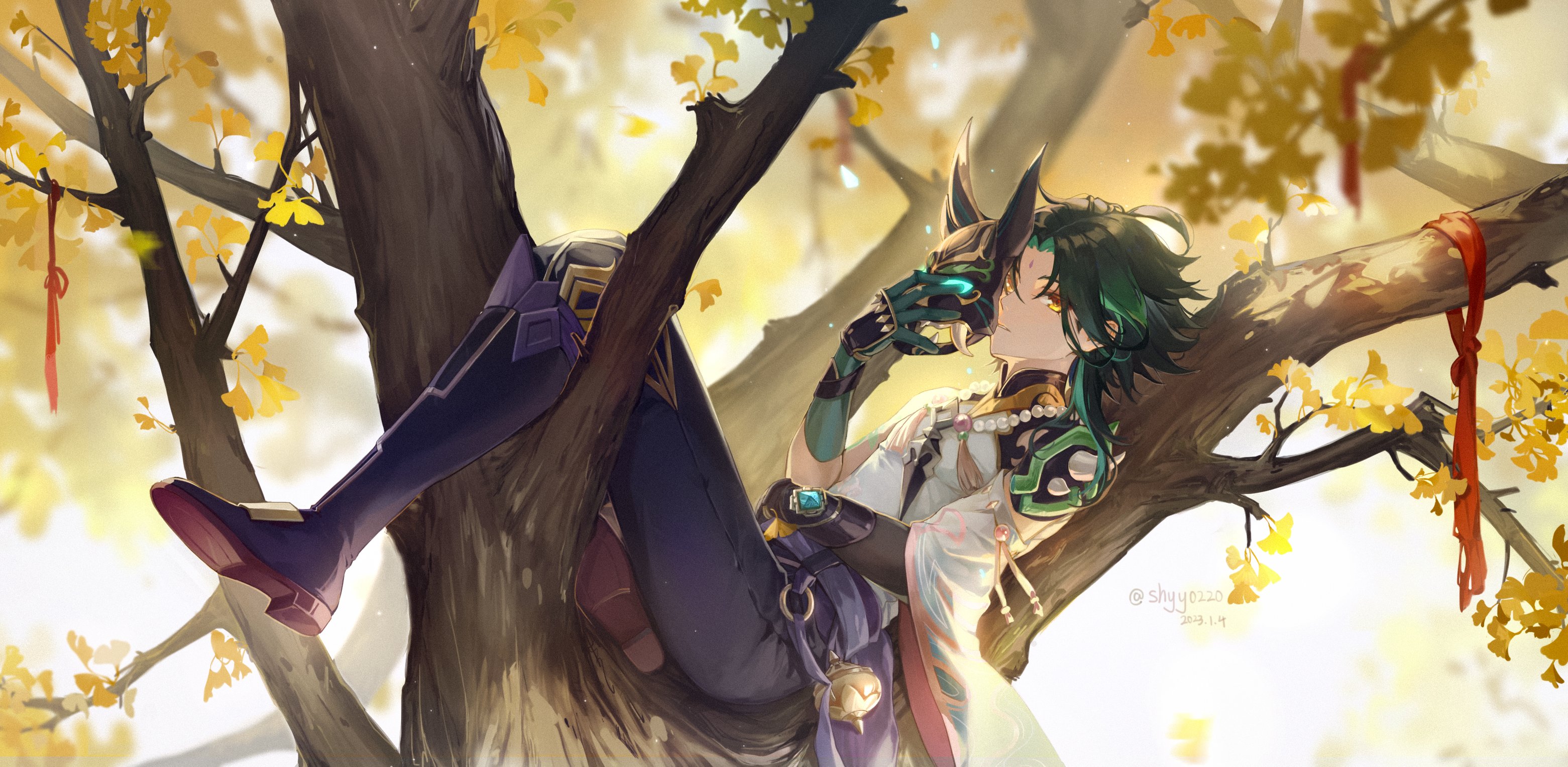shyy0220, xiao (genshin impact), highres, 1boy, ginkgo tree, green hair, mask, yellow eyes