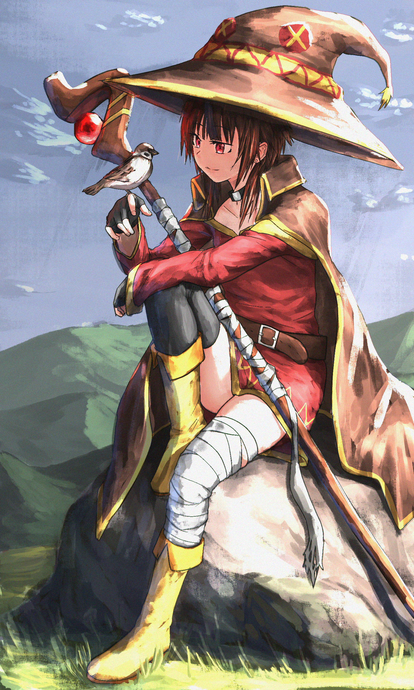 nobukingu, megumin, kono subarashii sekai ni shukufuku wo!, absurdres, commentary request, highres, 1girl, asymmetrical legwear, bandaged leg, bandages, belt, bird, bird on hand, black cape, black choker, black hair, black thighhighs, boots, cape, choker, closed mouth, dress, eurasian tree sparrow, fingerless gloves, full body, gloves, hat, knee boots, knee up, large hat, long sleeves, mage staff, mismatched legwear, mountainous horizon, off-shoulder dress, off shoulder, on rock, outdoors, red dress, red eyes, rock, short dress, short hair with long locks, single thighhigh, sitting, sky, solo, sparrow, thighhighs, witch hat, yellow boots